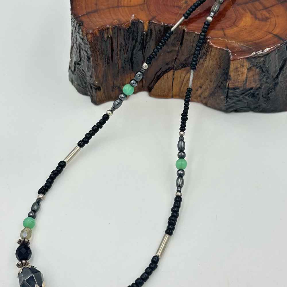 Homemade Black and Green Beaded Women's Necklace o/s